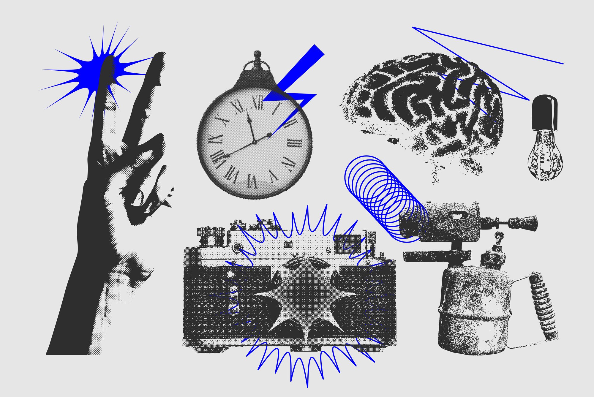 black and white collage with details in blue black and white collage with details in blue