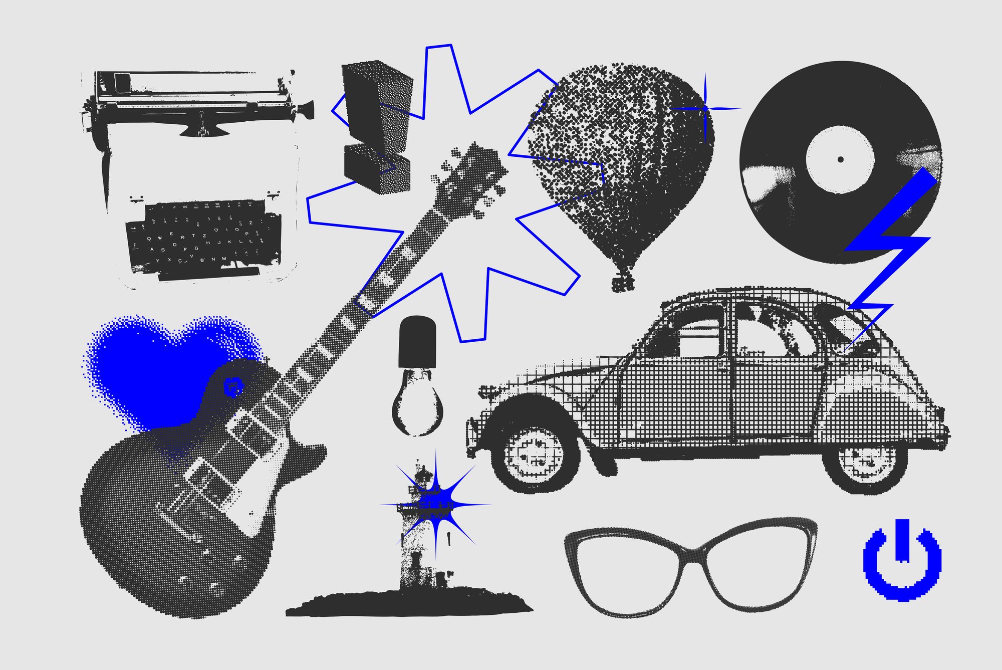 black and white collage with details in blue black and white collage with details in blue