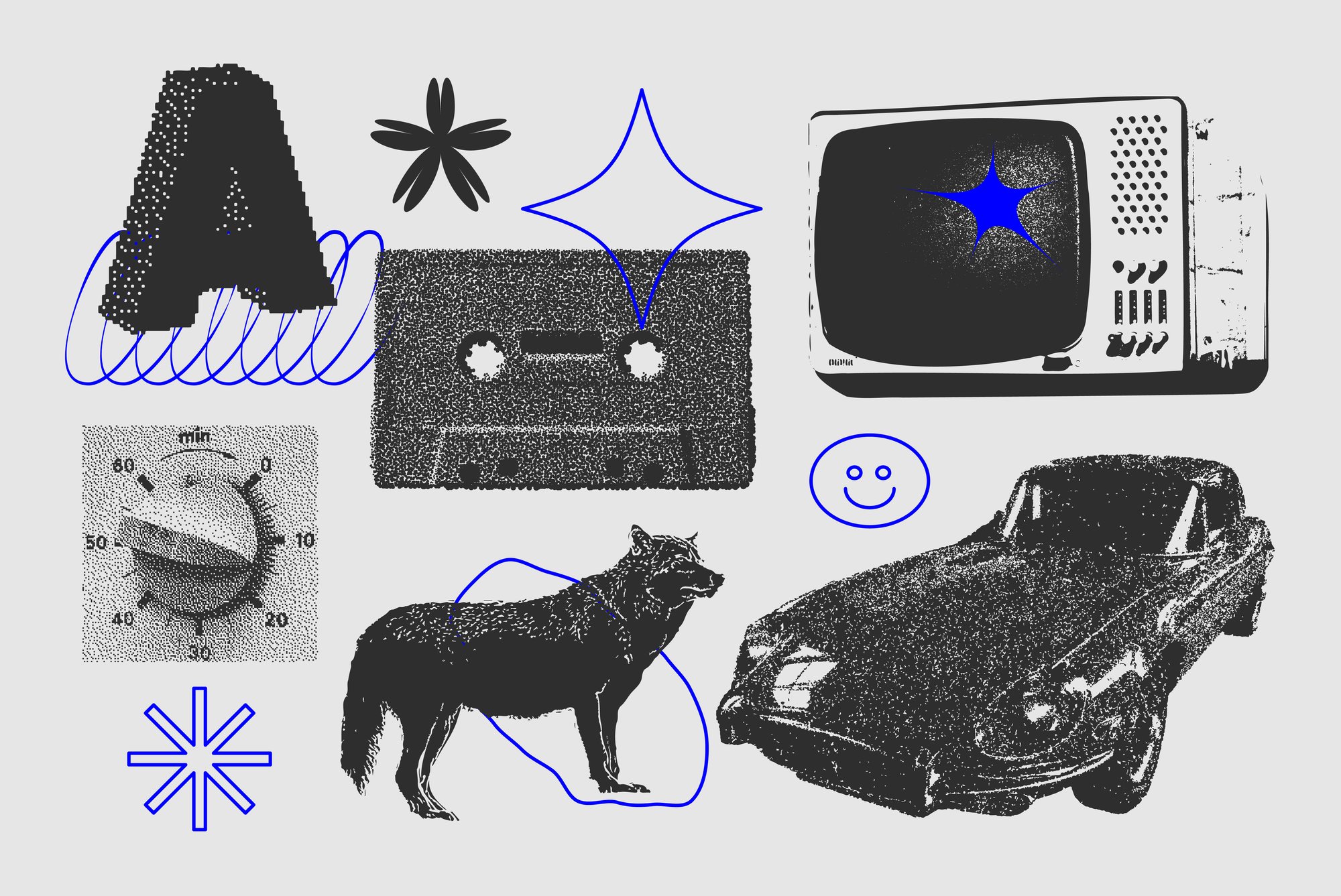 black and white collage with details in blue black and white collage with details in blue