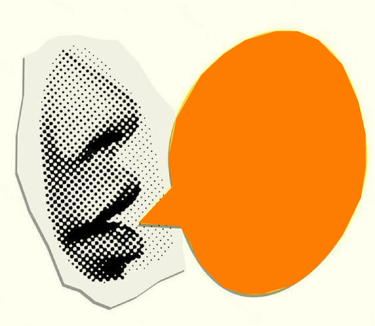 collage of mouth with orange speech bubble